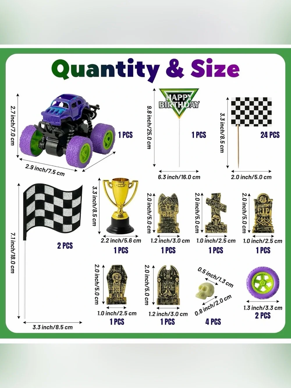 40~Green & Purple Monster Truck Cake Decoration Racing Car Dessert Cupcake Top